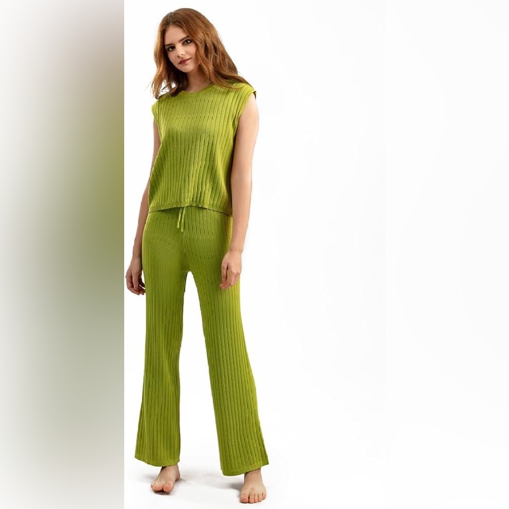 Women Two-Piece Set Top-Pants Medium Green Fruit Sleeveless Wide Leg High Rise